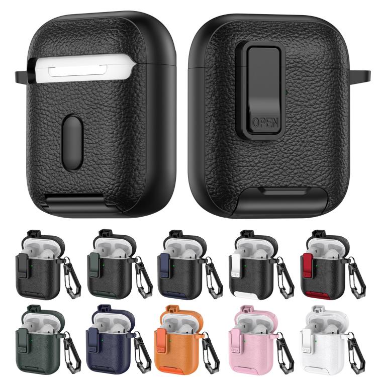 For AirPods 1 / 2 Leather Texture Wireless Earphones Case with Hook & Holder