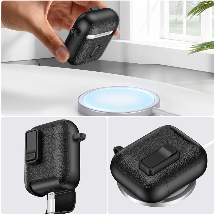 For AirPods 1 / 2 Leather Texture Wireless Earphones Case with Hook & Holder