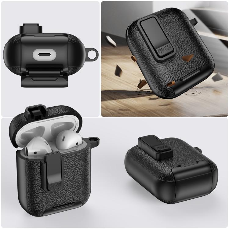 For AirPods 1 / 2 Leather Texture Wireless Earphones Case with Hook & Holder