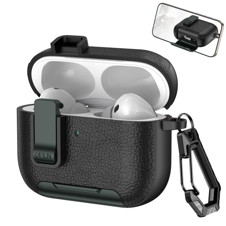 For AirPods Pro 3 Leather Texture Wireless Earphones Case with Hook & Holder