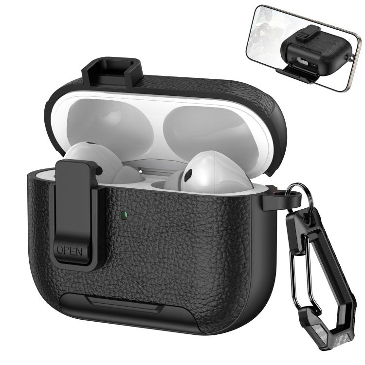 For AirPods Pro 3 Leather Texture Wireless Earphones Case with Hook & Holder