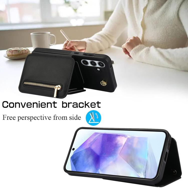 For Samsung Galaxy A55 5G YM006 Skin Feel Zipper Card Bag Phone Case with Dual Lanyard