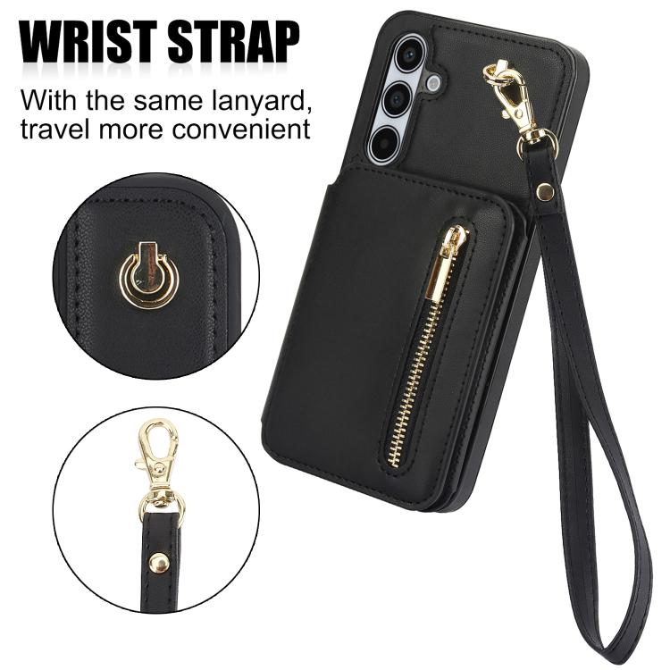 For Samsung Galaxy A55 5G YM006 Skin Feel Zipper Card Bag Phone Case with Dual Lanyard