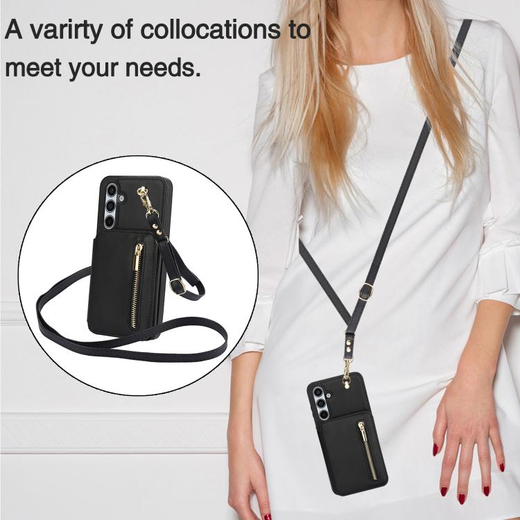 For Samsung Galaxy A55 5G YM006 Skin Feel Zipper Card Bag Phone Case with Dual Lanyard