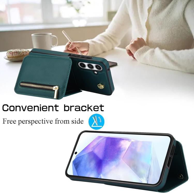 For Samsung Galaxy A55 5G YM006 Skin Feel Zipper Card Bag Phone Case with Dual Lanyard