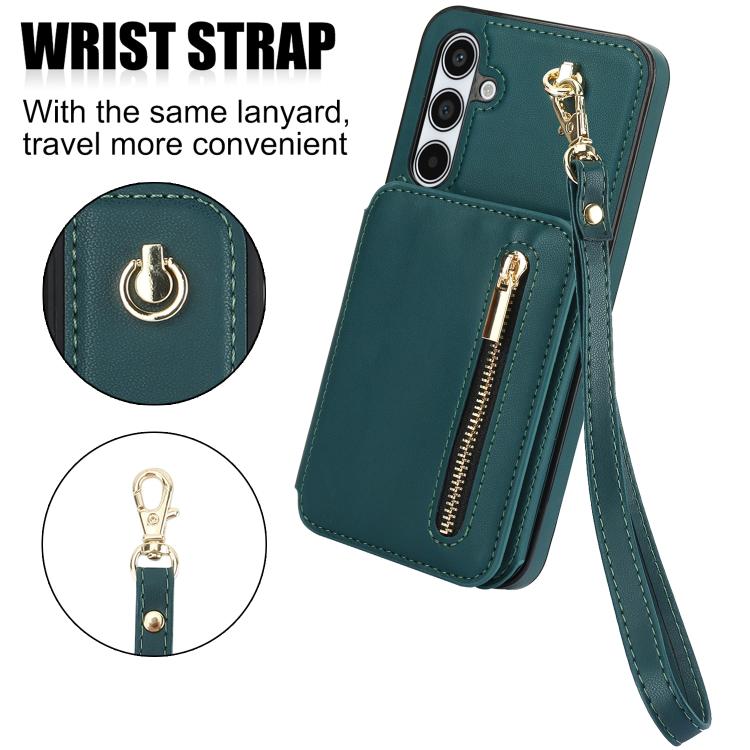 For Samsung Galaxy A55 5G YM006 Skin Feel Zipper Card Bag Phone Case with Dual Lanyard