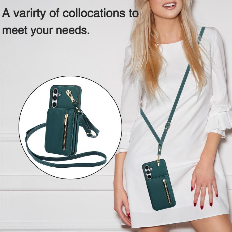 For Samsung Galaxy A55 5G YM006 Skin Feel Zipper Card Bag Phone Case with Dual Lanyard