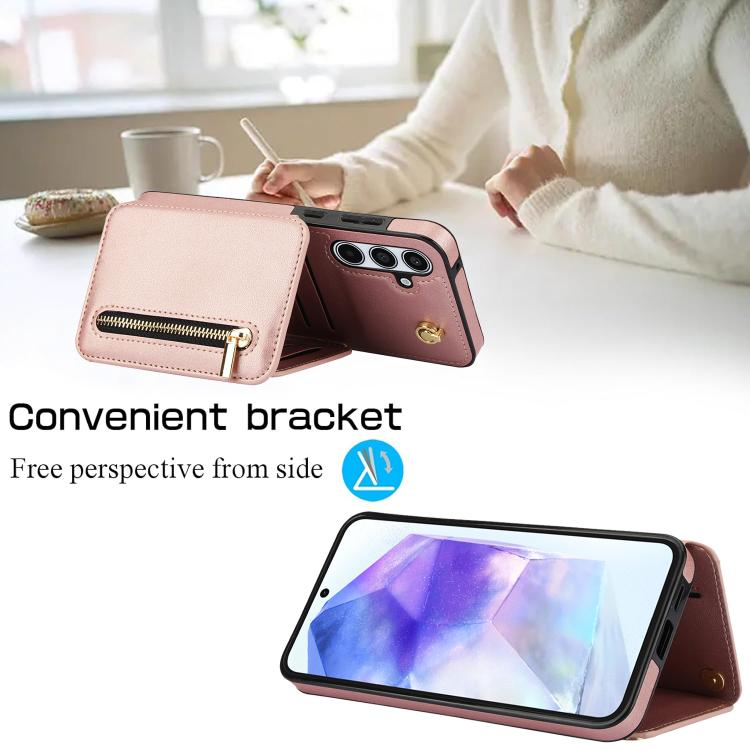 For Samsung Galaxy A55 5G YM006 Skin Feel Zipper Card Bag Phone Case with Dual Lanyard