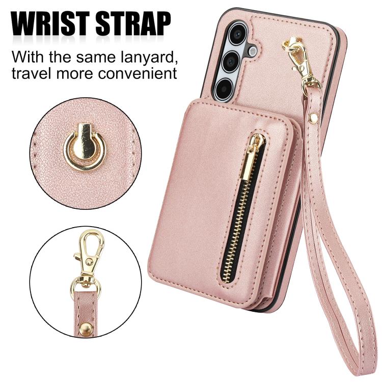 For Samsung Galaxy A55 5G YM006 Skin Feel Zipper Card Bag Phone Case with Dual Lanyard