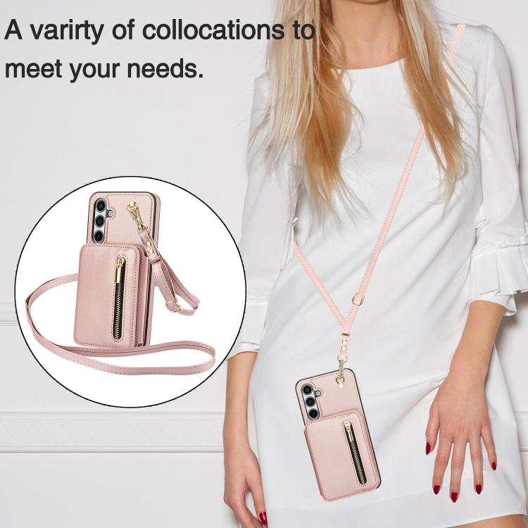 For Samsung Galaxy A55 5G YM006 Skin Feel Zipper Card Bag Phone Case with Dual Lanyard