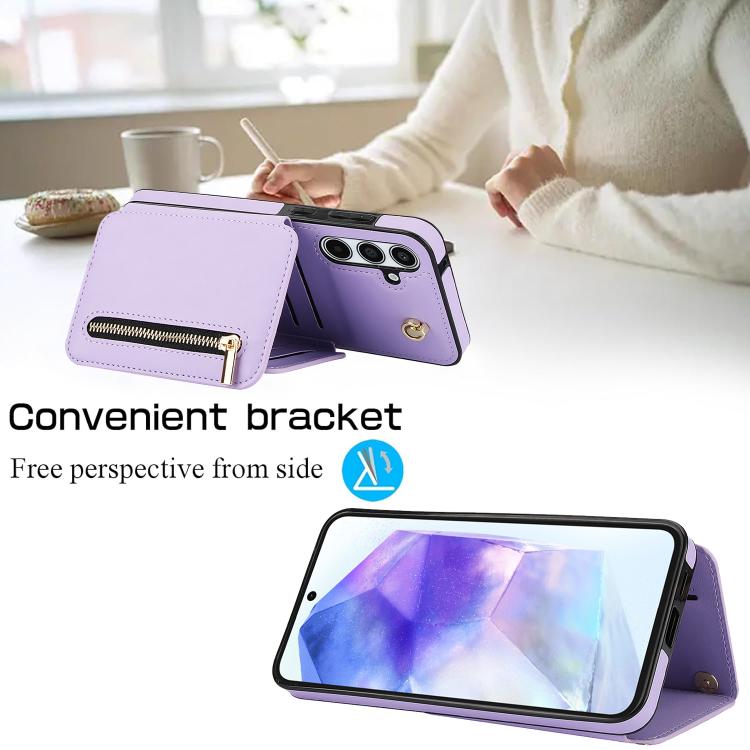For Samsung Galaxy A55 5G YM006 Skin Feel Zipper Card Bag Phone Case with Dual Lanyard