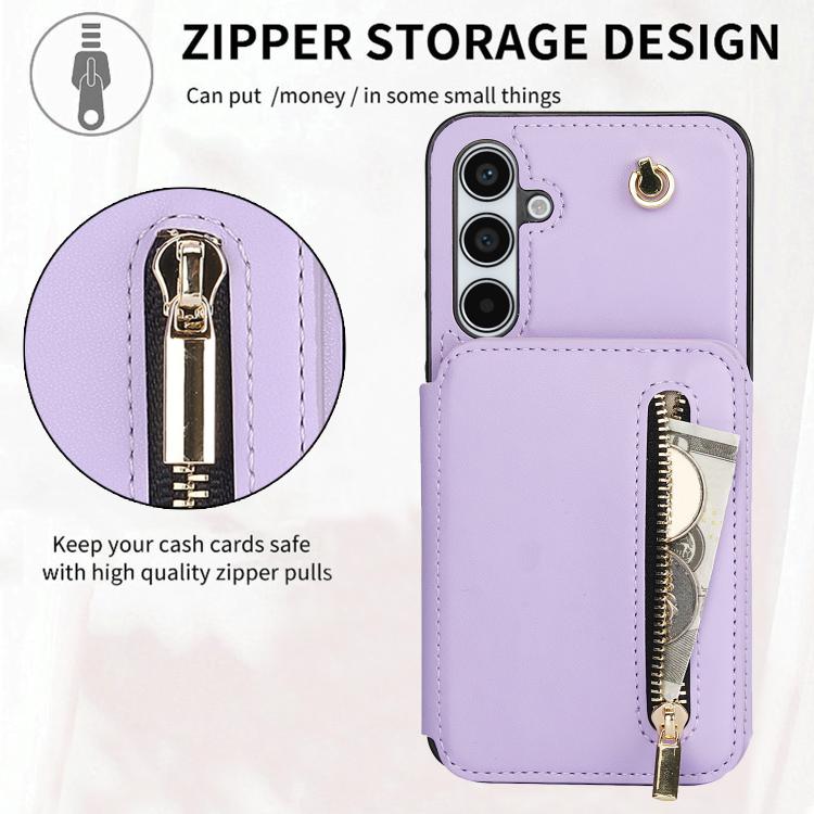 For Samsung Galaxy A55 5G YM006 Skin Feel Zipper Card Bag Phone Case with Dual Lanyard