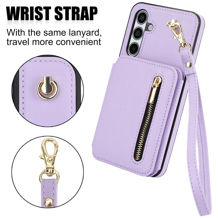 For Samsung Galaxy A55 5G YM006 Skin Feel Zipper Card Bag Phone Case with Dual Lanyard