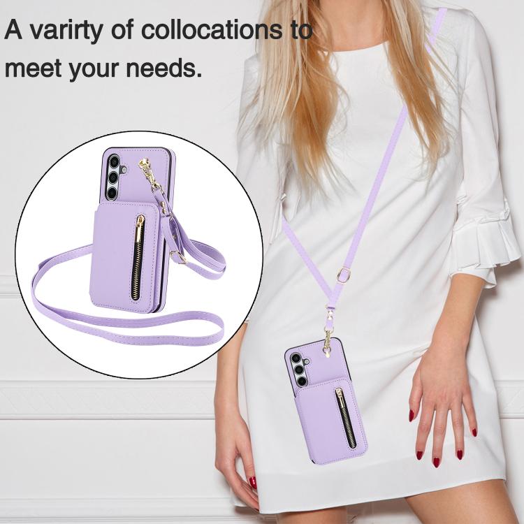 For Samsung Galaxy A55 5G YM006 Skin Feel Zipper Card Bag Phone Case with Dual Lanyard