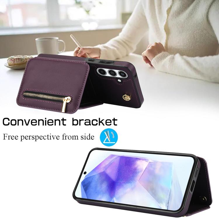 For Samsung Galaxy A55 5G YM006 Skin Feel Zipper Card Bag Phone Case with Dual Lanyard