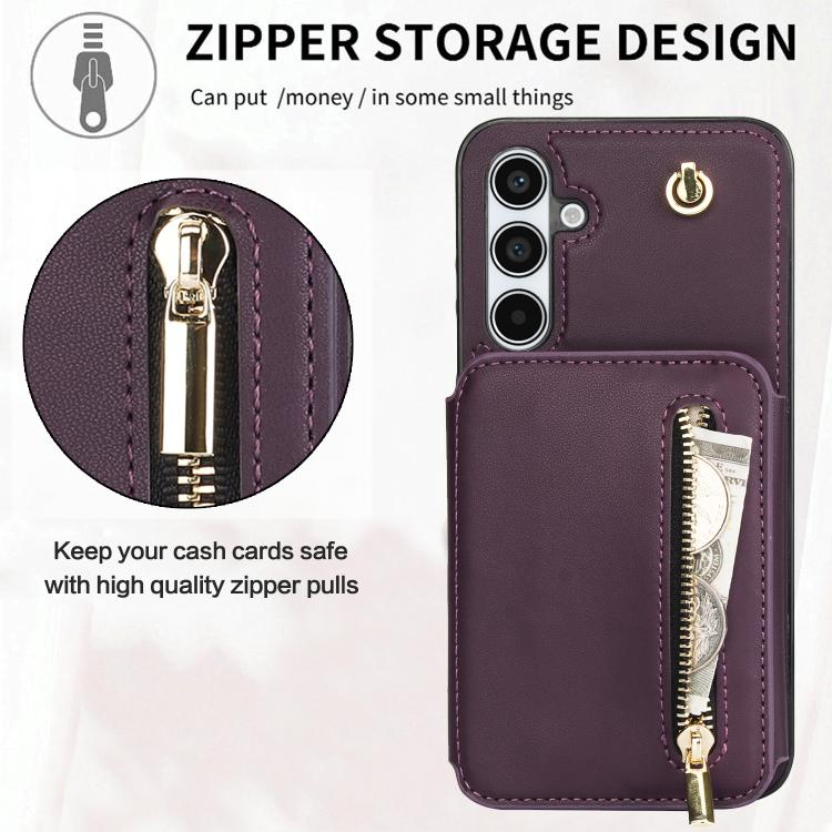 For Samsung Galaxy A55 5G YM006 Skin Feel Zipper Card Bag Phone Case with Dual Lanyard