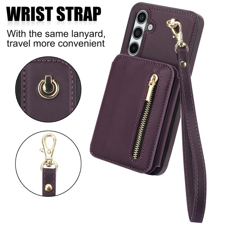 For Samsung Galaxy A55 5G YM006 Skin Feel Zipper Card Bag Phone Case with Dual Lanyard