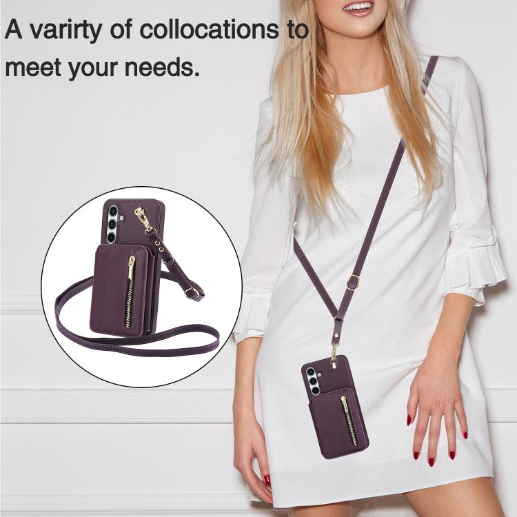 For Samsung Galaxy A55 5G YM006 Skin Feel Zipper Card Bag Phone Case with Dual Lanyard