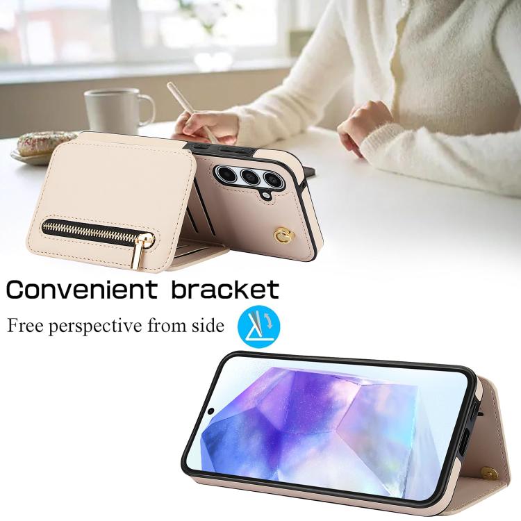 For Samsung Galaxy A55 5G YM006 Skin Feel Zipper Card Bag Phone Case with Dual Lanyard