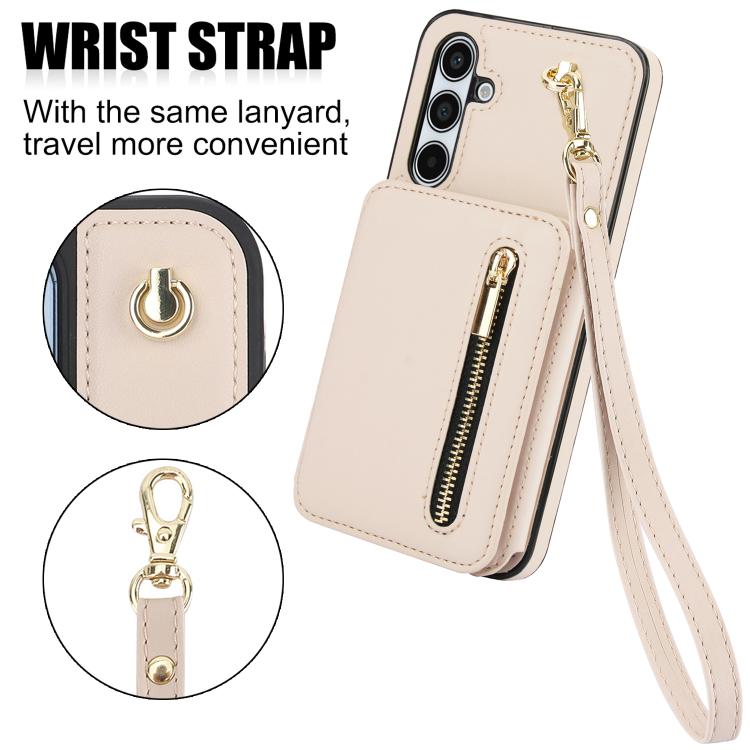 For Samsung Galaxy A55 5G YM006 Skin Feel Zipper Card Bag Phone Case with Dual Lanyard