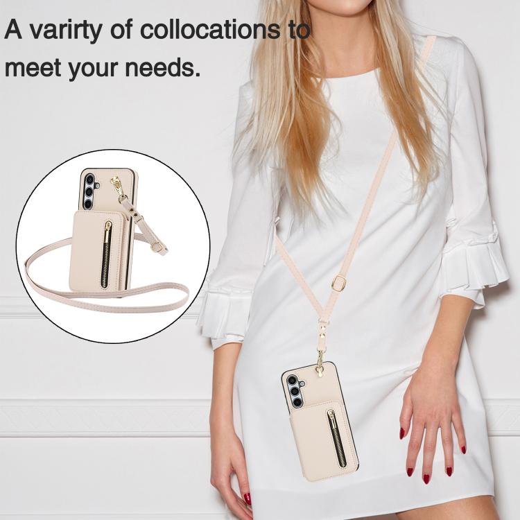 For Samsung Galaxy A55 5G YM006 Skin Feel Zipper Card Bag Phone Case with Dual Lanyard