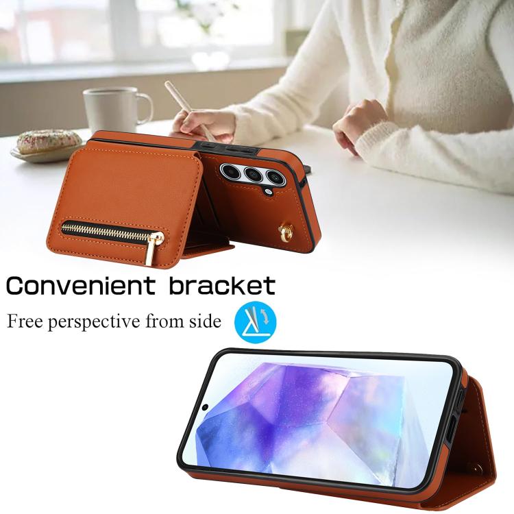 For Samsung Galaxy A55 5G YM006 Skin Feel Zipper Card Bag Phone Case with Dual Lanyard