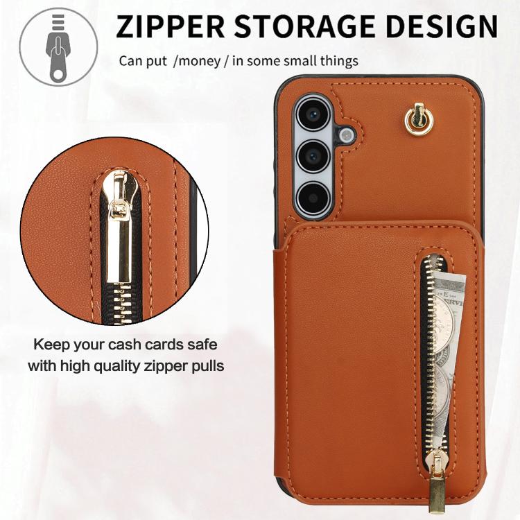 For Samsung Galaxy A55 5G YM006 Skin Feel Zipper Card Bag Phone Case with Dual Lanyard