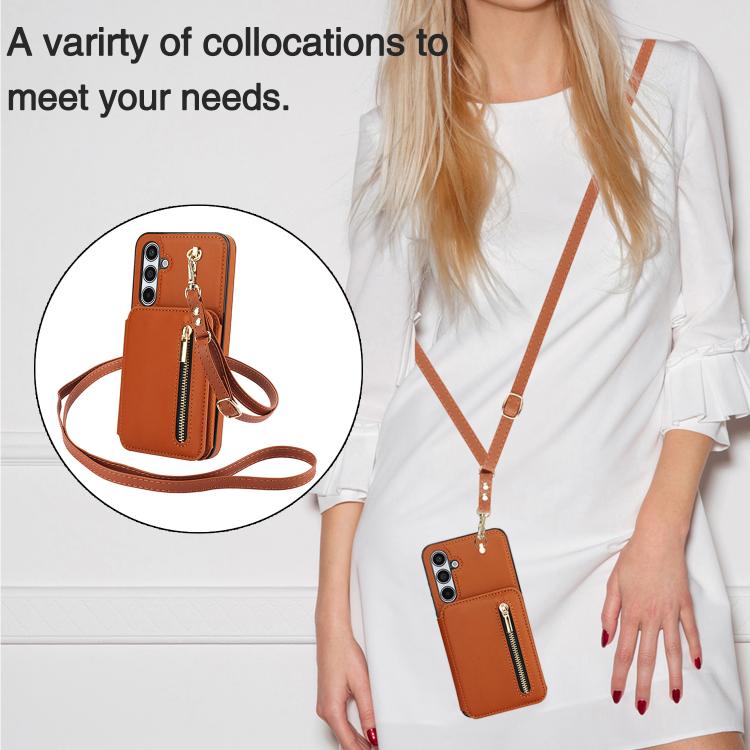 For Samsung Galaxy A55 5G YM006 Skin Feel Zipper Card Bag Phone Case with Dual Lanyard