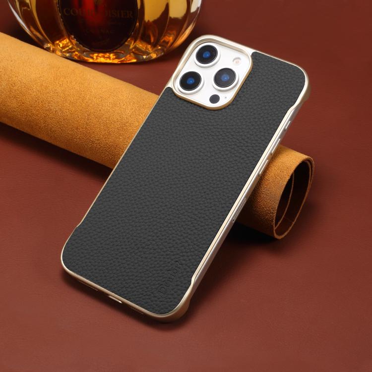For iPhone 14 Pro Max Denior A20 Genuine Leather Litchi Texture MagSafe Frameless Phone Case