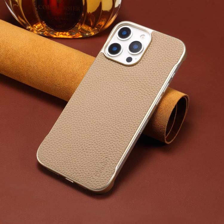 For iPhone 14 Pro Max Denior A20 Genuine Leather Litchi Texture MagSafe Frameless Phone Case