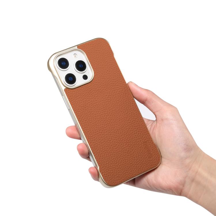 For iPhone 15 Pro Max Denior A20 Genuine Leather Litchi Texture MagSafe Frameless Phone Case