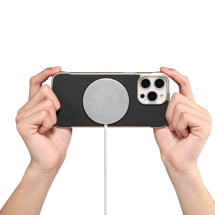 For iPhone 16 Pro Denior A20 Genuine Leather Litchi Texture MagSafe Frameless Phone Case