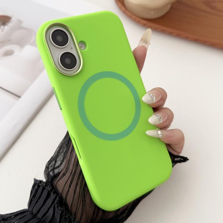 For iPhone 16 Metal Frame Liquid Silicone MagSafe Phone Case
