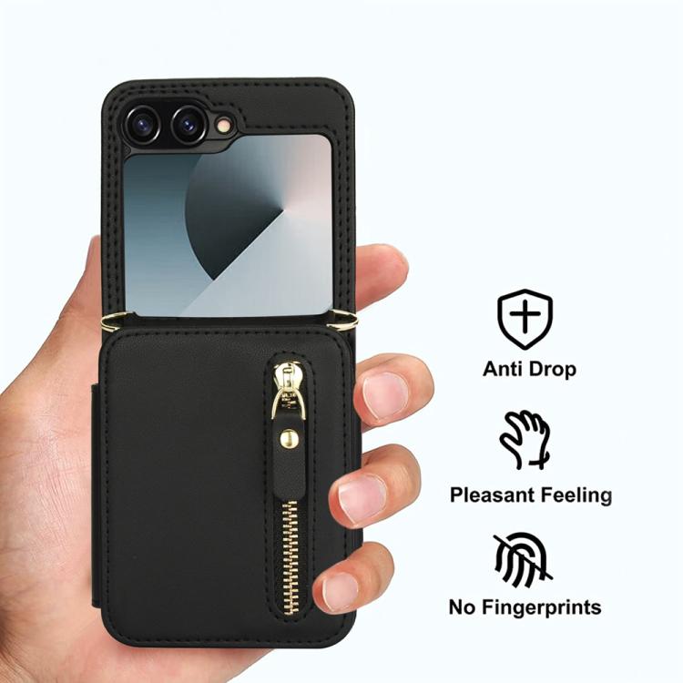 For Samsung Galaxy Z Flip6 Crossbody Zipper Dual Buckle Card Bag Folding Phone Case