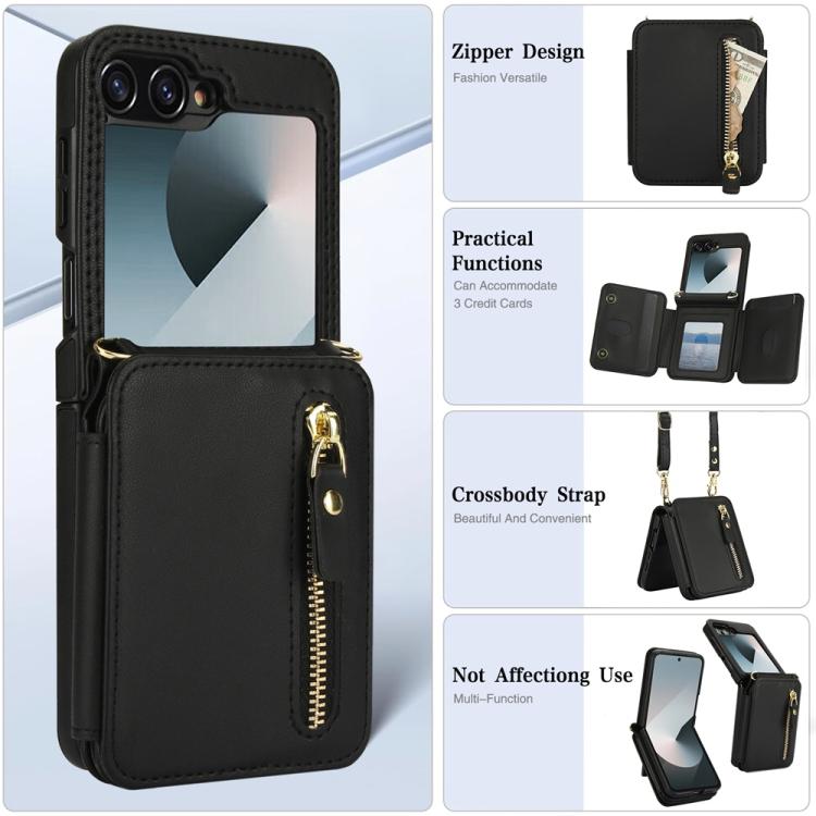 For Samsung Galaxy Z Flip6 Crossbody Zipper Dual Buckle Card Bag Folding Phone Case