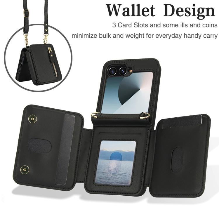 For Samsung Galaxy Z Flip6 Crossbody Zipper Dual Buckle Card Bag Folding Phone Case