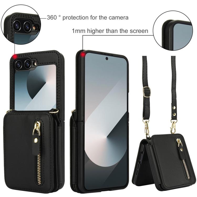 For Samsung Galaxy Z Flip6 Crossbody Zipper Dual Buckle Card Bag Folding Phone Case