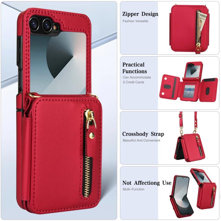 For Samsung Galaxy Z Flip6 Crossbody Zipper Dual Buckle Card Bag Folding Phone Case