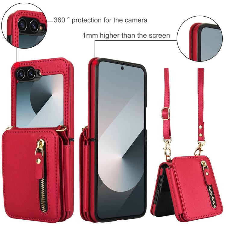 For Samsung Galaxy Z Flip6 Crossbody Zipper Dual Buckle Card Bag Folding Phone Case