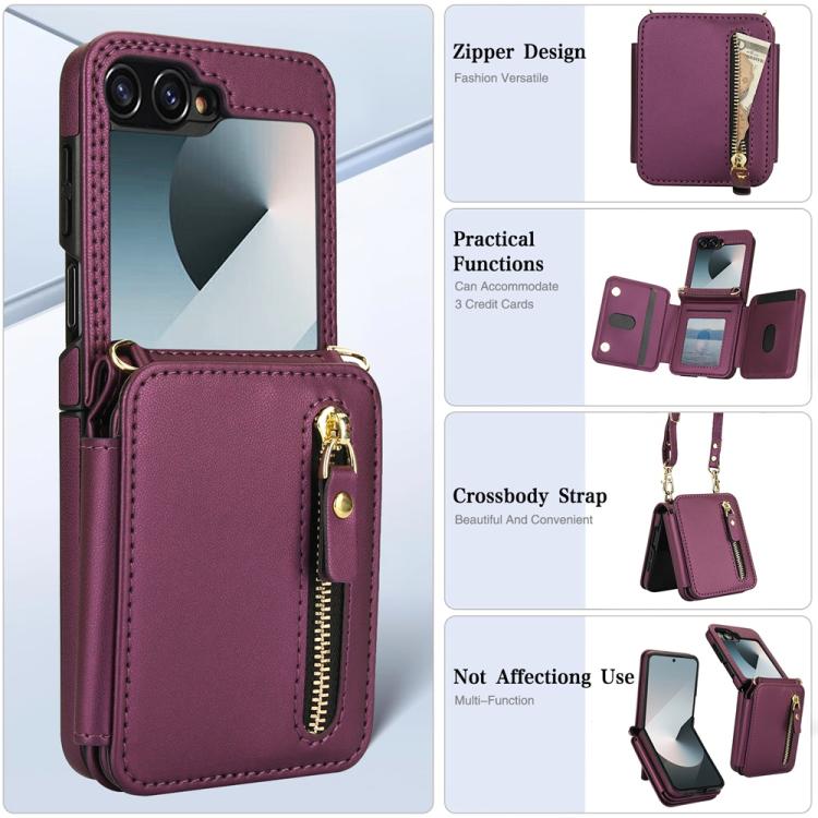 For Samsung Galaxy Z Flip6 Crossbody Zipper Dual Buckle Card Bag Folding Phone Case