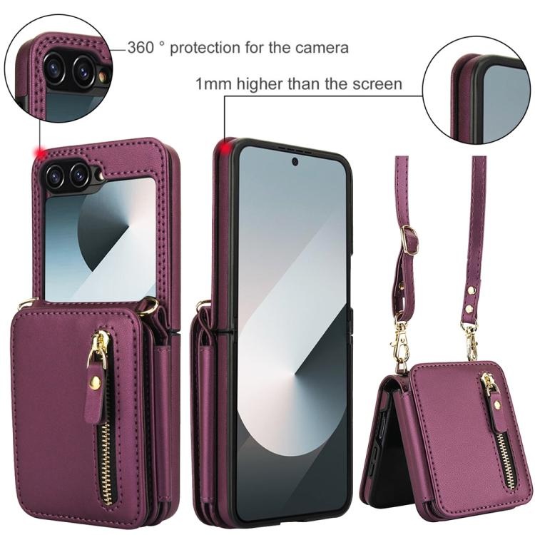 For Samsung Galaxy Z Flip6 Crossbody Zipper Dual Buckle Card Bag Folding Phone Case