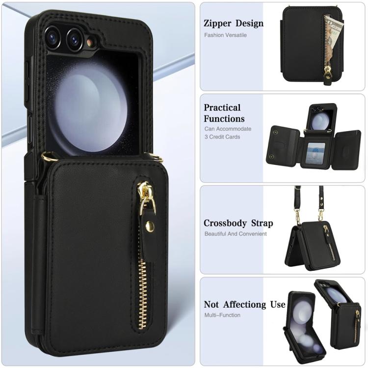 For Samsung Galaxy Z Flip5 Crossbody Zipper Dual Buckle Card Bag Folding Phone Case