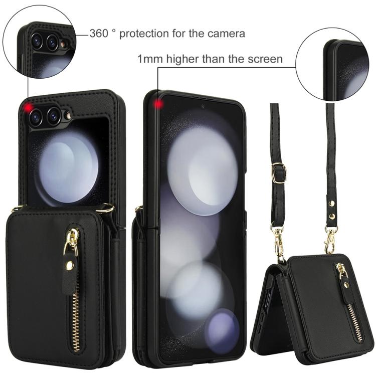 For Samsung Galaxy Z Flip5 Crossbody Zipper Dual Buckle Card Bag Folding Phone Case