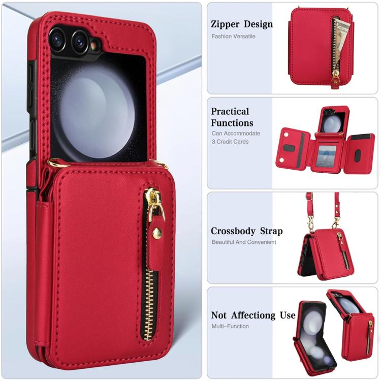 For Samsung Galaxy Z Flip5 Crossbody Zipper Dual Buckle Card Bag Folding Phone Case