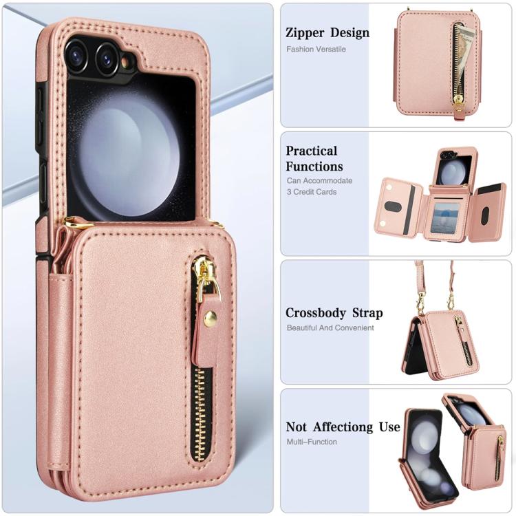 For Samsung Galaxy Z Flip5 Crossbody Zipper Dual Buckle Card Bag Folding Phone Case