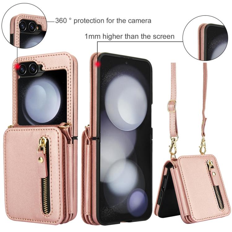 For Samsung Galaxy Z Flip5 Crossbody Zipper Dual Buckle Card Bag Folding Phone Case