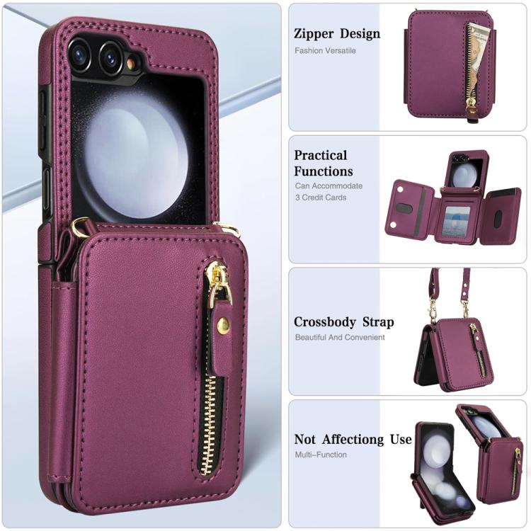 For Samsung Galaxy Z Flip5 Crossbody Zipper Dual Buckle Card Bag Folding Phone Case