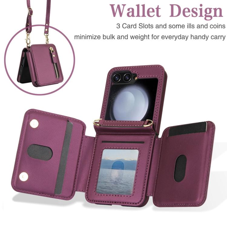 For Samsung Galaxy Z Flip5 Crossbody Zipper Dual Buckle Card Bag Folding Phone Case