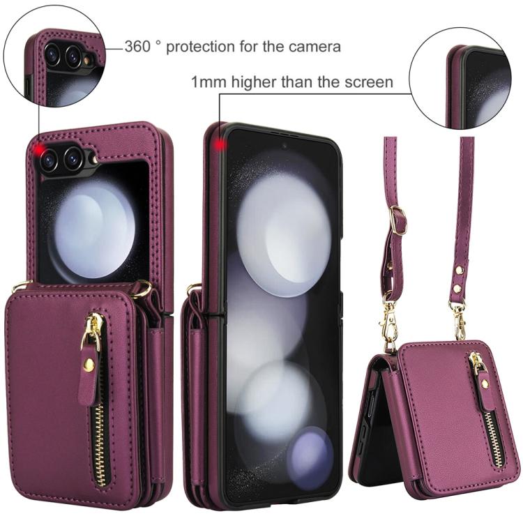 For Samsung Galaxy Z Flip5 Crossbody Zipper Dual Buckle Card Bag Folding Phone Case