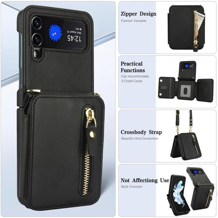 For Samsung Galaxy Z Flip3 Crossbody Zipper Dual Buckle Card Bag Folding Phone Case